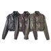 Women's Faux Leather Crop Jacket, Stand Collar Long Sleeve Moto Biker Coat With Pockets, Elastic Hem Casual Streetwear For Daily Commute, Trendy Cropp_ecoleips.com