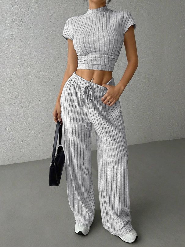 Women's Sexy Fitted Knit Crop Top & High-Waisted Shorts Set - Stretchy Ribbed Fabric, Trendy Y2K Outfit, Clubwear & Casual Summer Two-Piece_ecoleips.com