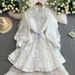 Elegant Female Palace Style Dress French High End Tie Waist Hollow Embroidery Single Breasted a Line Skirt for Women_ecoleips.com