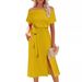 Women's Clothing New Summer Dress Off Shoulder Short Sleeve Tie Waist Slit Midi Dress_ecoleips.com