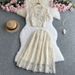 Women's Clothing Fashion Single Row Female Celebrity Temperament Round Neck Short Sleeved Suit Buttoned Lace Shirt Two Piece High Waisted A Line Skirt_ecoleips.com