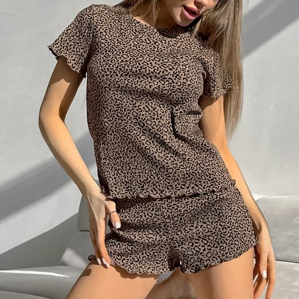 Women's Leopard Print Two Piece Pajamas European American Style Summer Leisure Home Clothes round Neck Short Sleeved Set_ecoleips.com