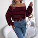 Casual Striped Off-Shoulder Lantern Sleeve Pullover Sweater Women's Clothing_ecoleips.com