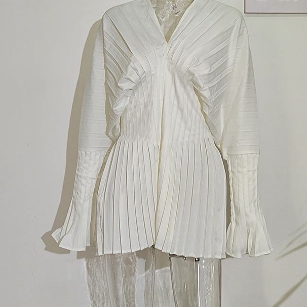 Fashion Women Blouses Solid Color V-neck Puff Sleeve Folds Girdle Waist Slim Pullover Shirts Button Up Designer Shirt Women L4SW_ecoleips.com