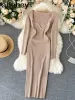 Dresses For Women 2026 Sexy Strapless Ribbed Knitted Bodycon Dress Women Winter Long Sleeve Midi Sweater Dress Clothes_ecoleips.com