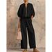 Summer Women's Wide Leg Pants Set Casual Loose Fit Zipper Round Neck Top Solid Color American Style_ecoleips.com