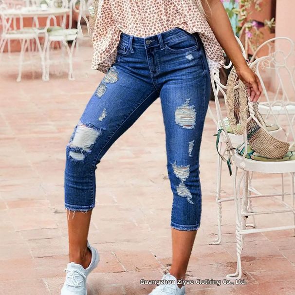 Summer High-Waisted Ripped Stretch Capri Pants for Women Slim Fit Versatile Denim Capri Pants_ecoleips.com