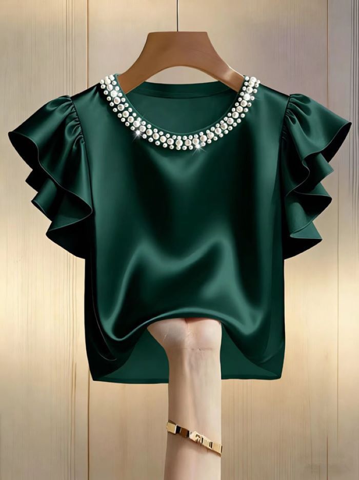 Elegant Satin Women's Shirt European American Style Summer 2026 Solid Color Short Sleeved round Neck Top for Women_ecoleips.com