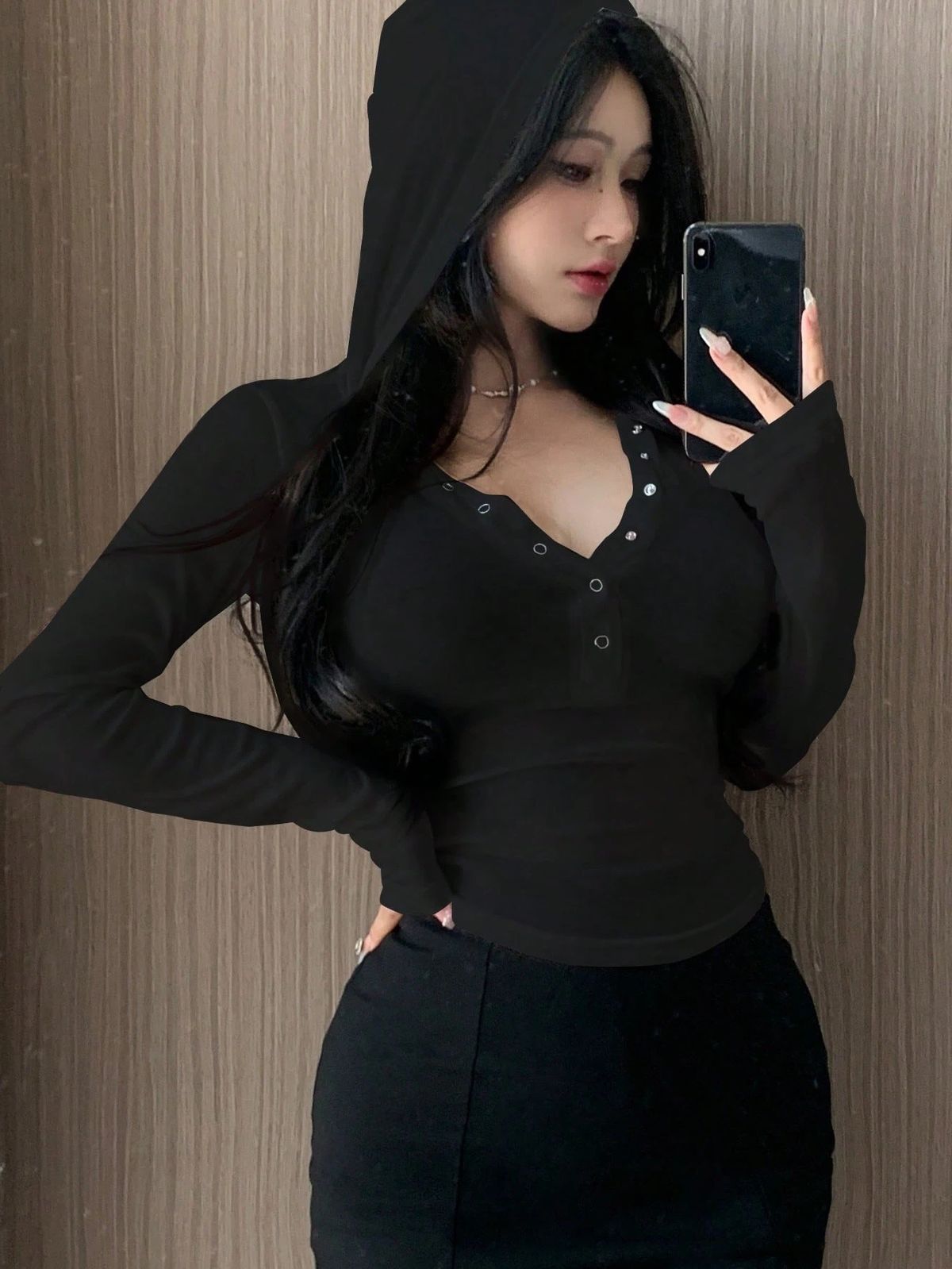Women's Clothing Women's Slim Fit V Neck Hooded Top Stretchy Versatile Flattering Early Autumn Casual Wear For Everyday And Commuting_ecoleips.com