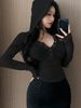 Women's Clothing Women's Slim Fit V Neck Hooded Top Stretchy Versatile Flattering Early Autumn Casual Wear For Everyday And Commuting_ecoleips.com