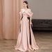 Pink Satin off the Shoulder French Style Evening Gown Elegant Sophisticated Bridal Toast Dress Summer Style Women's Clothing Wedding Party Wear_ecoleips.com