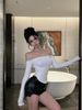 FORNIS Rhinestone Off-Shoulder Long Sleeve Top PU Straight Shorts Set_ecoleips.com