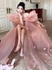 Blush Pink Off-Shoulder Chiffon Dress With Bow Accents, Ethereal Bridal Robe For Engagement Party & Birthday Celebration_ecoleips.com