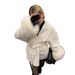 Elegant French Wool Blend Short Coat For Women - V-Neck Belted Tweed Jacket With Faux Fur Cuffs, Classic Solid Colors For Office & Casual Wear_ecoleips.com