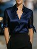 Satin V Neck Sheer Striped Shirt Tie up mid Length Sleeve Blouse for Women Elegant Fashion England Style Spring/Autumn Summer_ecoleips.com