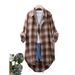 Large Size Women's Spring Long-Sleeved Loose Jacket, Brown Checkered Shirt_ecoleips.com