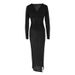 AC586 European And American New Fashion Sexy Solid Color Long V-neck Pleated Slim-fit Bodycon Dress_ecoleips.com