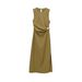 Women's Clothing Ins Style Temperament Fashion Round Tie Shoulder Pad Side Pleated Midi Dress_ecoleips.com