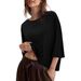 2026 European American Women Casual Oversized Elbow Sleeve Crew Neck Cotton Tops_ecoleips.com