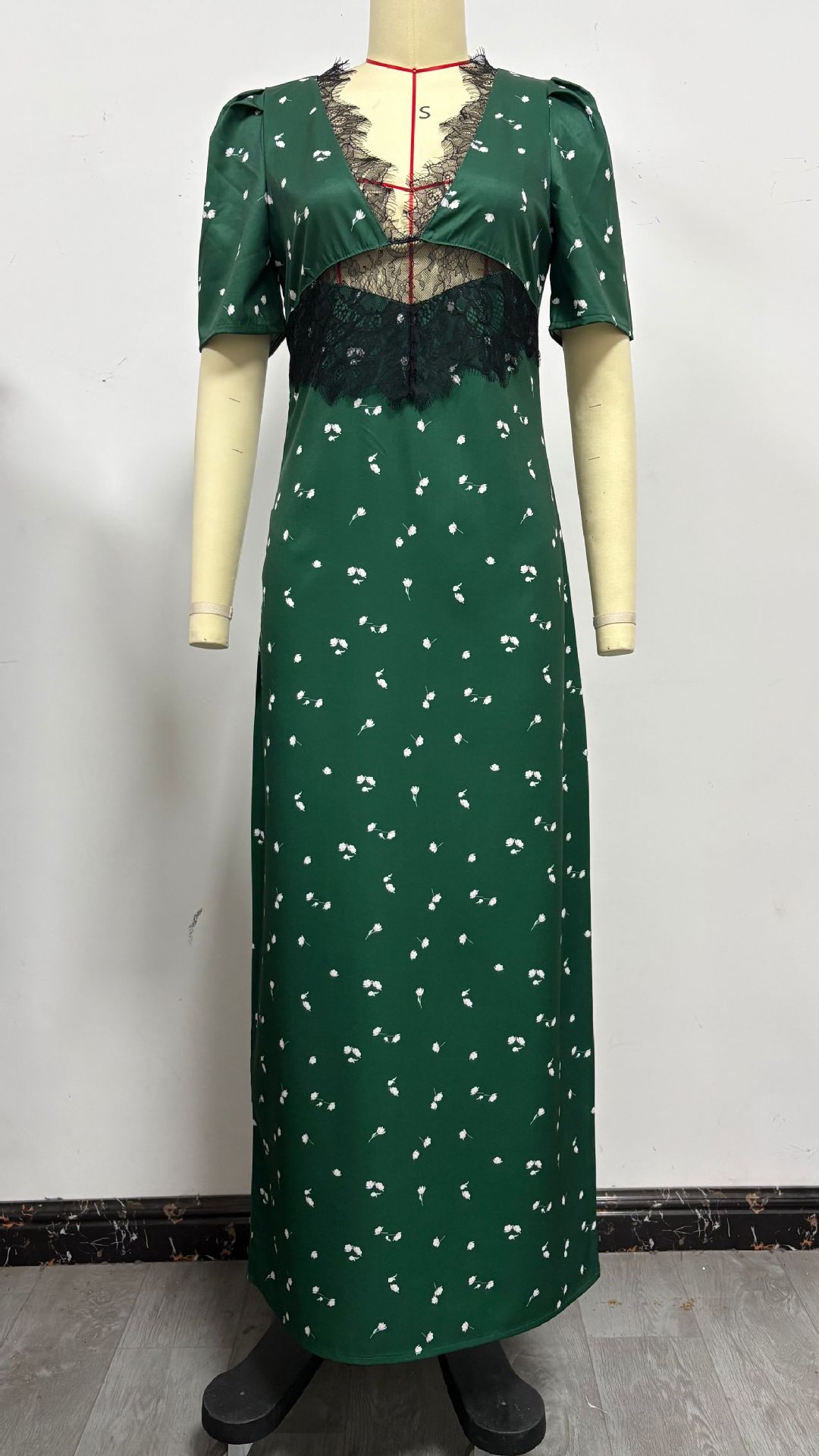 Women's Satin Lace Trim Dress V Neck Hollowed out Design Fashionable Polka Dot Print mid Sleeve High End New_ecoleips.com