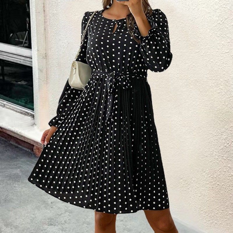 Elegant Polka Dot Crew Neck Long Sleeve Pleated Dress Women Self Tie Waist Office Daily Commuter Dresses_ecoleips.com