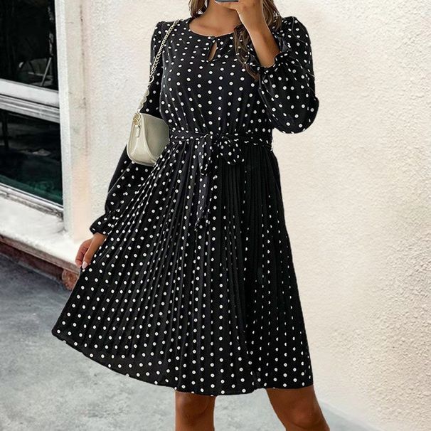 Elegant Polka Dot Crew Neck Long Sleeve Pleated Dress Women Self Tie Waist Office Daily Commuter Dresses_ecoleips.com