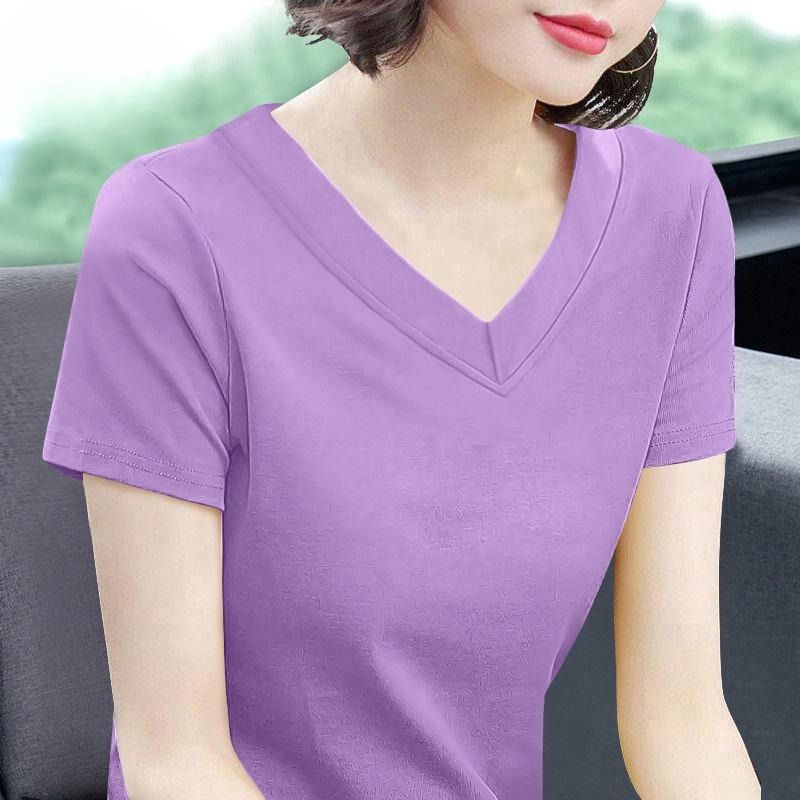 V-neck T-shirt Women's Short-sleeved Cotton Top Women's New Solid-color Loose Large-size Chicken Heart Collar Solid-color Bottoming Shirt_ecoleips.com