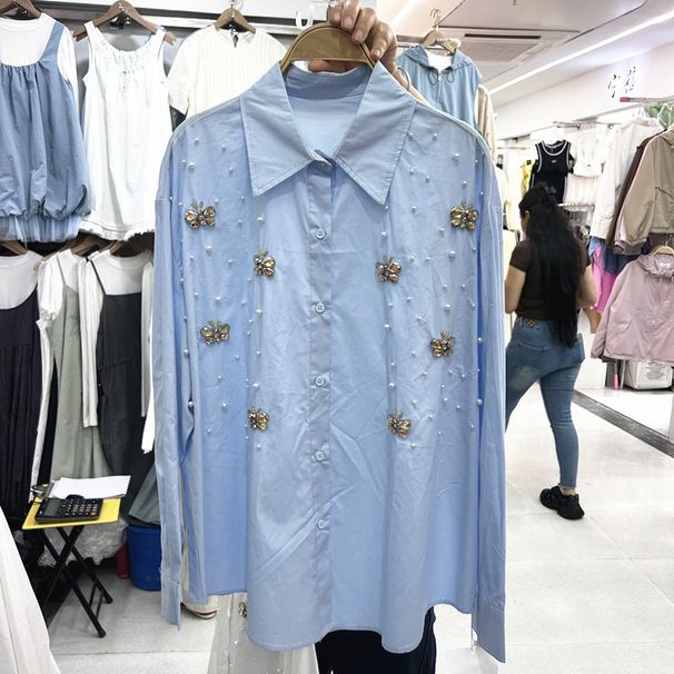 Women's European Style Long Sleeved Collared Shirt Rhinestone Encrusted Bee Print Loose Fit Versatile Top For Spring/Autumn Fashion_ecoleips.com