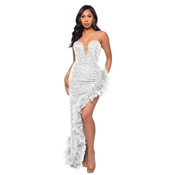 Verve Women's Off-Shoulder Backless Pure Desire Style Feather Sequin Dress_ecoleips.com