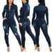 Distressed Denim Jumpsuit – Stretchy Slim-Fit Long Sleeve Romper With Raw Hem Details (S-2XL, Dark Blue, Streetwear Staple)_ecoleips.com