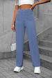 K New Women's High Waisted Pocket Wide Leg Button Casual Loose Straight Leg Pants Long Pants_ecoleips.com