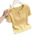 Spring/Summer Women's Knitted Short Sleeve T-Shirt V Neck Straight Shoulder Yellow Slimming Top For Youthful Stylish Look_ecoleips.com