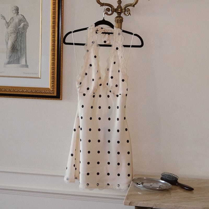 Absobe Polka Dot Satin Spliced Lace Tank Mini Dress Women Low Cut Halter Tie Backless Slim A-Line Short Dress Elegant Partywear_ecoleips.com
