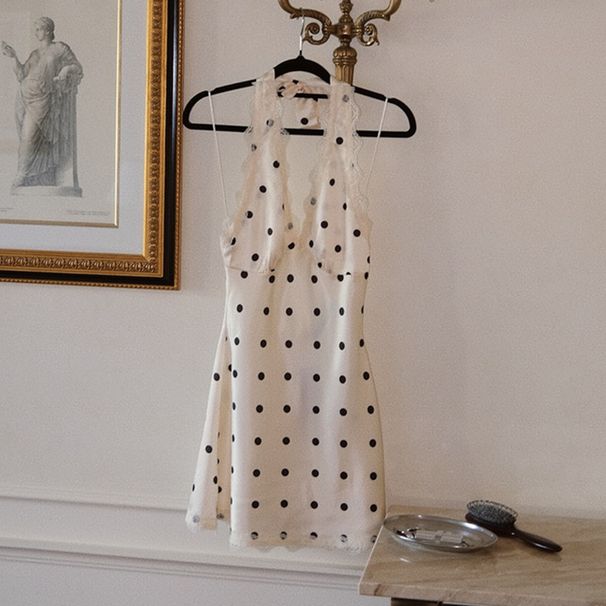 Absobe Polka Dot Satin Spliced Lace Tank Mini Dress Women Low Cut Halter Tie Backless Slim A-Line Short Dress Elegant Partywear_ecoleips.com