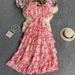 Retro Floral Chiffon Dress Slimming High Waist Bubble Sleeve Holiday Cake Skirt For Women Summer New Style_ecoleips.com