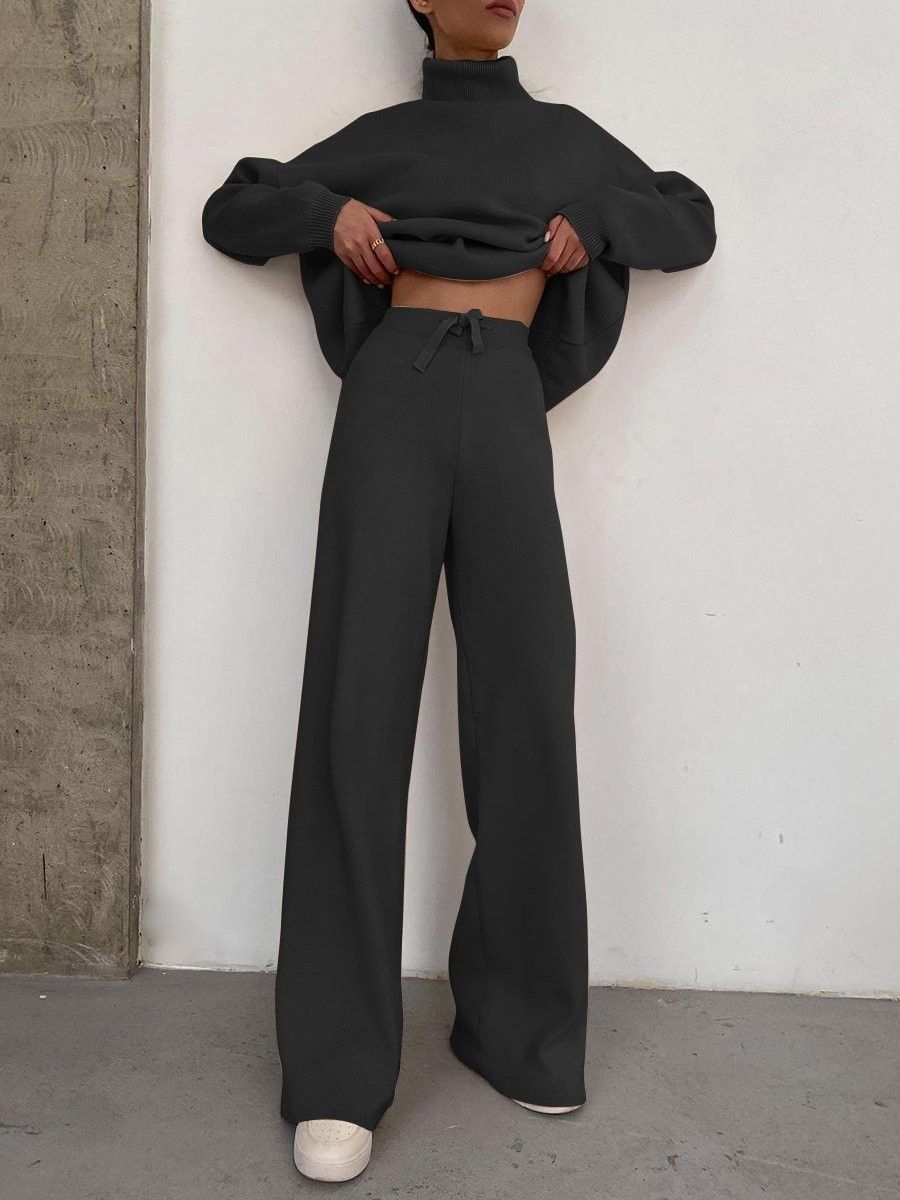 Women's Fashionable Casual Two Piece Set High Neck Loose Fit Long Sleeve Top with Wide Leg Pants European American Style_ecoleips.com