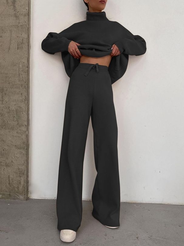 Women's Fashionable Casual Two Piece Set High Neck Loose Fit Long Sleeve Top with Wide Leg Pants European American Style_ecoleips.com