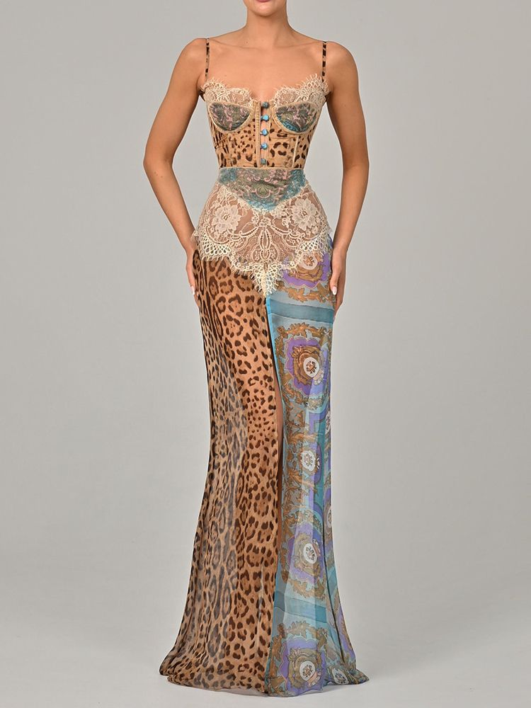 Mozision Leopard Print Lace Split Sexy Maxi Dress Women Gown Elegant Patchwork Chiffon Sleeveless Backless Beach Evening Dress_ecoleips.com