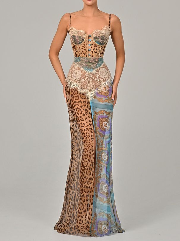 Mozision Leopard Print Lace Split Sexy Maxi Dress Women Gown Elegant Patchwork Chiffon Sleeveless Backless Beach Evening Dress_ecoleips.com