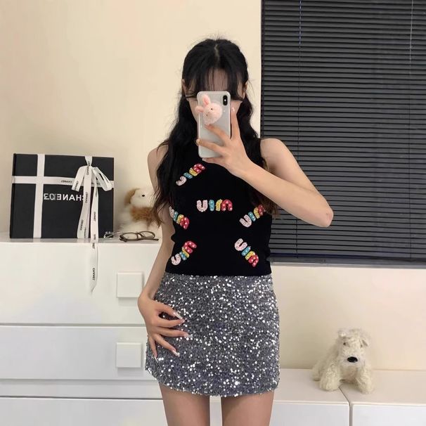 Hot Girl Design Sense Letter Knitted Printed Camisole Women's 2024 New Slim-fit Slimming Sleeveless Top_ecoleips.com