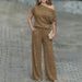 Women's One Shoulder Sequined Two Piece Set Drawstring Top Elastic Waist Wide Leg Pants_ecoleips.com