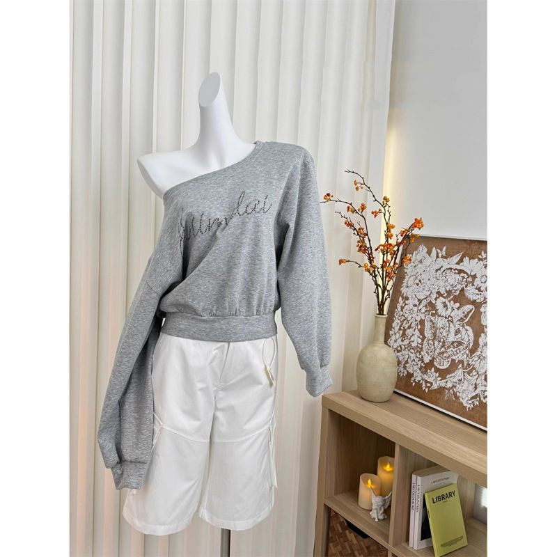 Cotton Sweatshirt With Rhinestone Embellishments, Long-sleeved, For Women, Spring And Autumn Wear, Thin, Loose, Korean_ecoleips.com