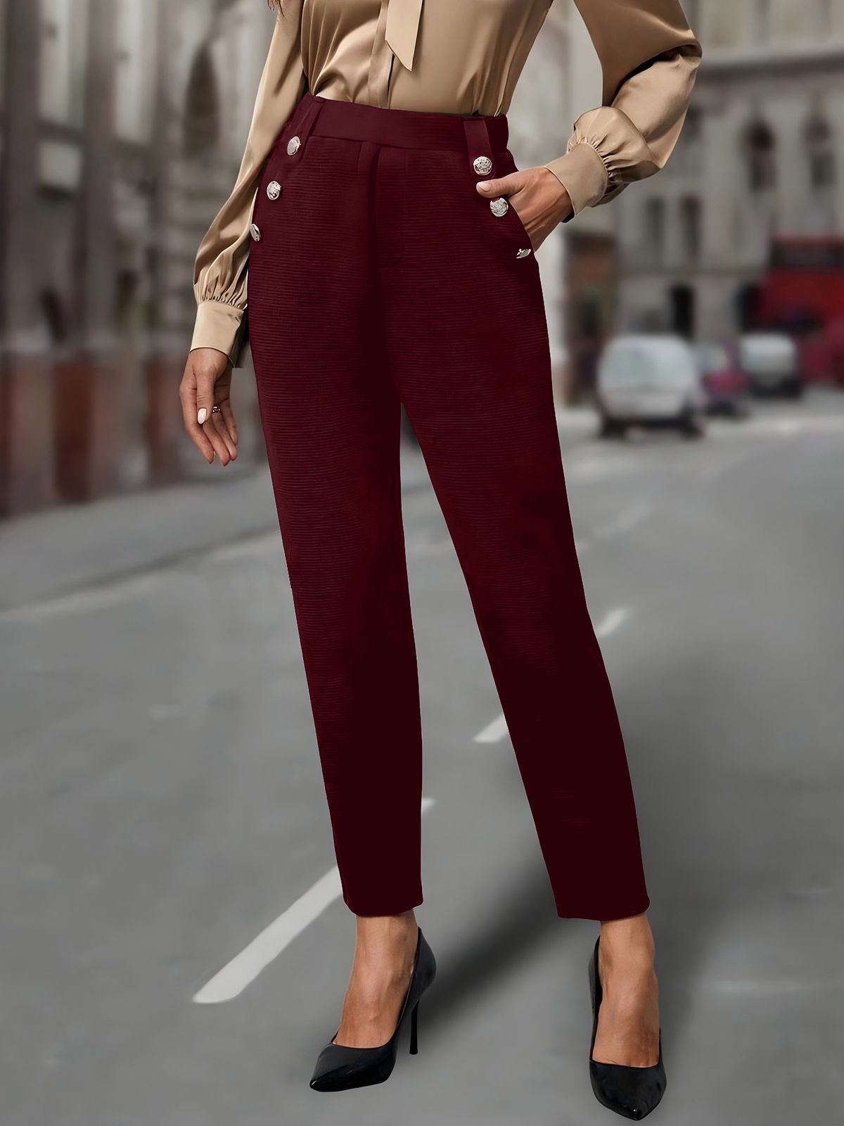 "Tailored Stretch Trousers With Button Accents – Slim-Fit Work Pants With Slant Pockets (Black/Navy/Khaki, S-XXL, Euro-US Office Chic)"_ecoleips.com