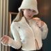 Chic Cable-Knit Polo Collar Cardigan – Winter-White Cropped Sweater With Dual Zipper & Princess Sleeves, Cozy Chenille Knit For Layering_ecoleips.com