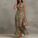 Elegant Neck Collar Sleeveless Plant Print Dress_ecoleips.com