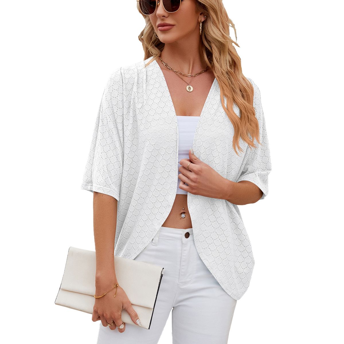 Women's Lightweight Oversized Knit Cardigan Mid-Sleeve Cover-Up Breathable Polyester Blend Barbie Pink Navy Black Mint Green_ecoleips.com