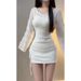 Sweet And Spicy Irregular Ruched Hollow Long Sleeve Knitted Sweater Set For Women, Halter Neck Bodycon Skirt, Slim Fit_ecoleips.com