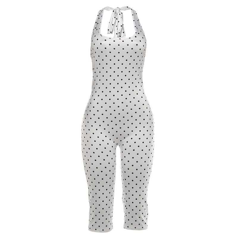 Summer Polka Dot Halter Neck Jumpsuit Women's Sexy Backless Slim Fit Five Point Tie Waist Style Romper_ecoleips.com
