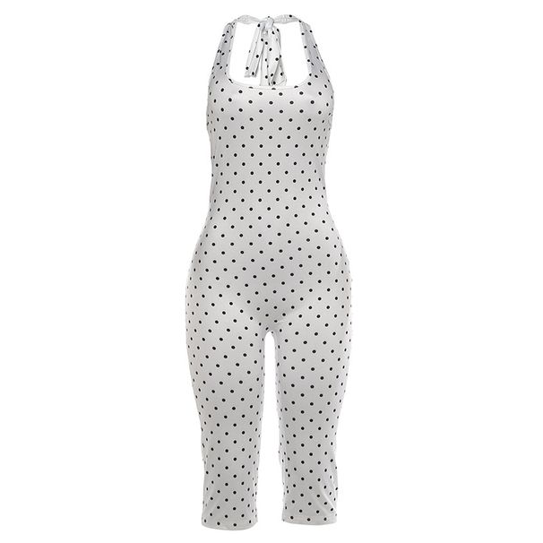 Summer Polka Dot Halter Neck Jumpsuit Women's Sexy Backless Slim Fit Five Point Tie Waist Style Romper_ecoleips.com