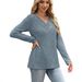 Autumn/Winter V-Neck, Pleated, Loose-Fitting Long-Sleeved Buttoned T-Shirt For Women_ecoleips.com